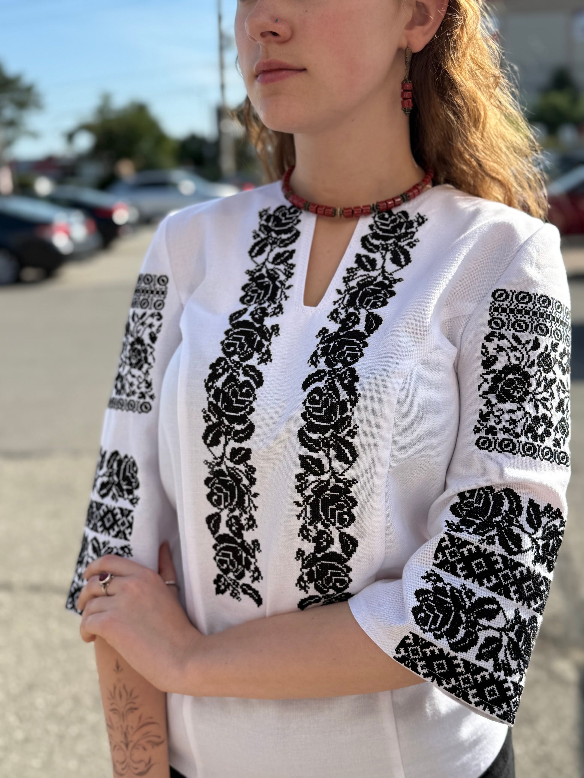 Pearl Embroidered Shirt (Women’s - Black, 3/4 Sleeve)