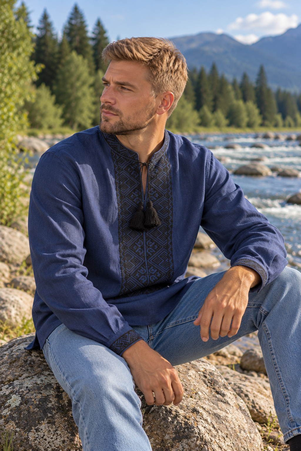 Men's Dark Blue Ukrainian Vyshyvanka with Black Geometric Embroidery