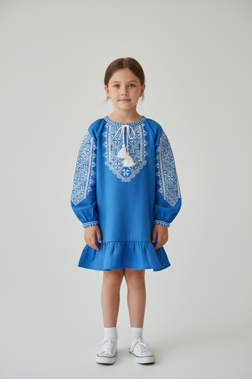 Girls Blue Linen Vyshyvanka Dress Long Sleeve In Ukrainian Traditions