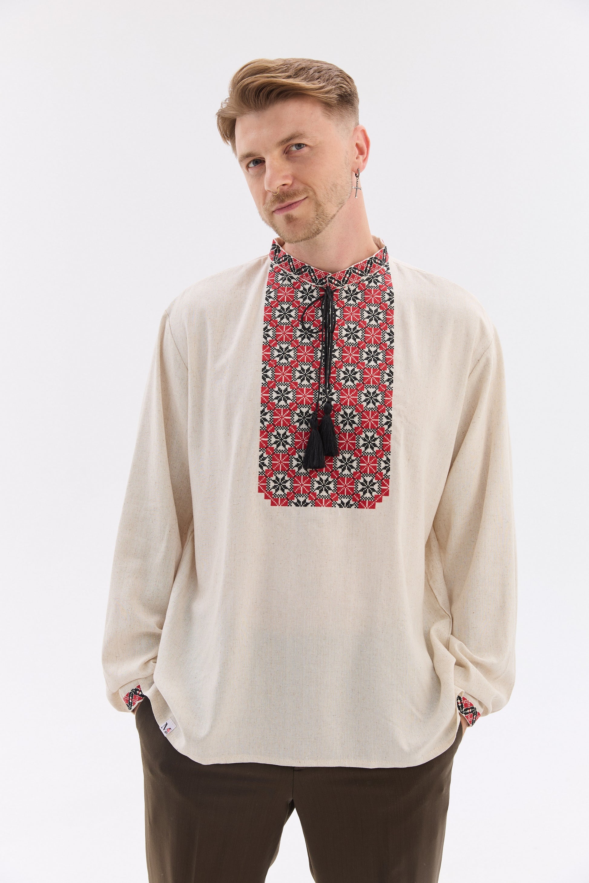 Men’s Embroidered Shirt with Traditional Red & Black Ornament
