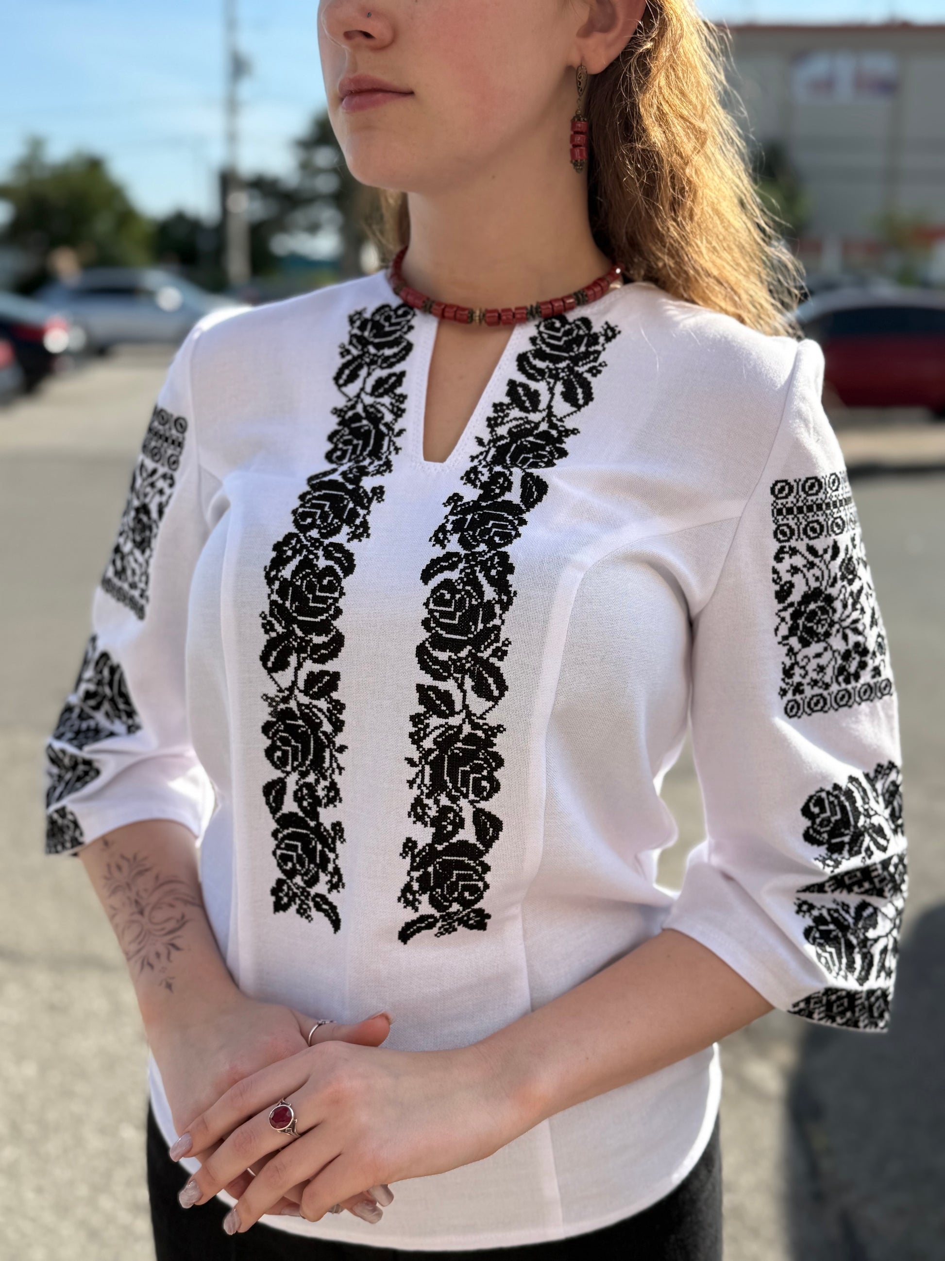 Pearl Embroidered Shirt (Women’s - Black, 3/4 Sleeve)