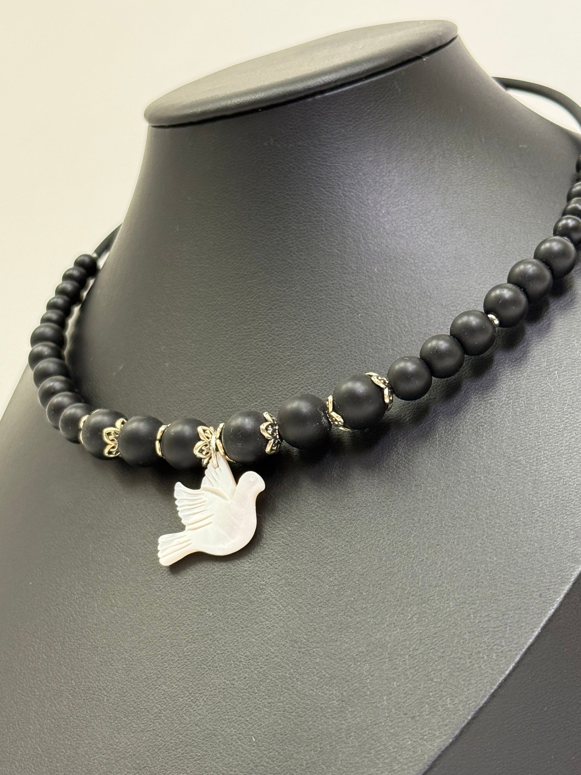 Black Onyx Choker with a White Bird
