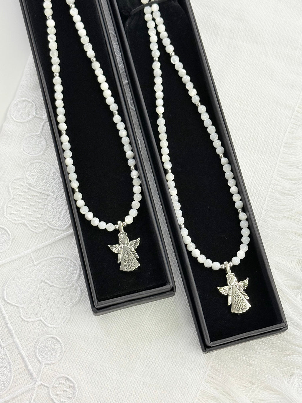 Mother of Pearl Necklace with “Angel” German Silver Pendant