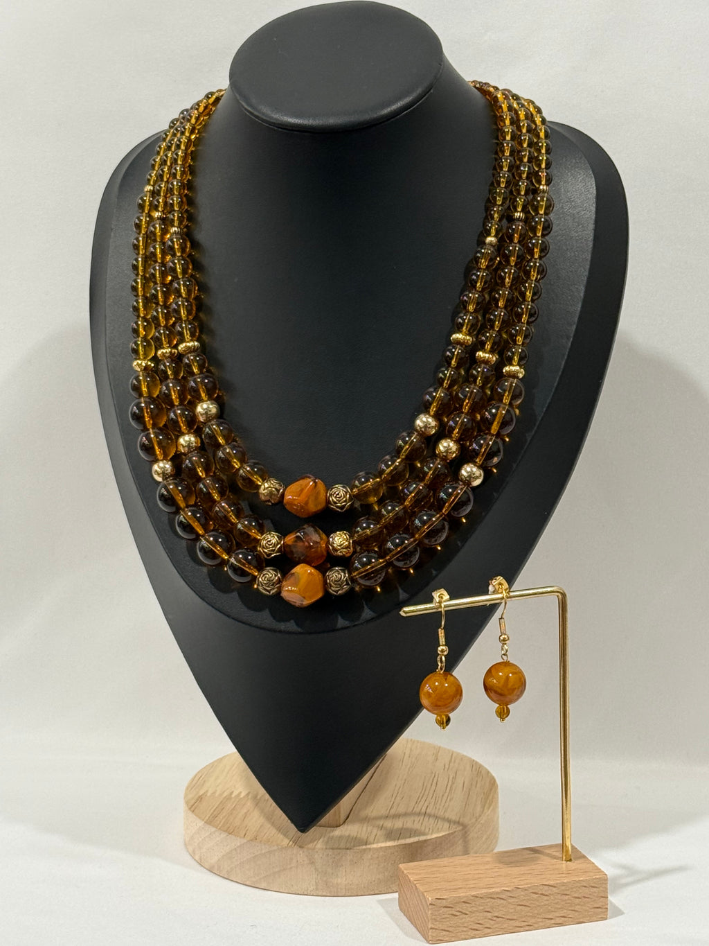 Triple-Strand Amber-Colored Necklace | Necklace & Earrings Set
