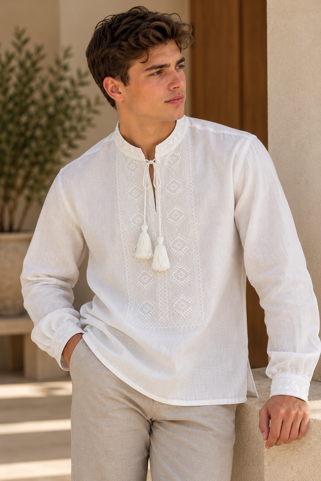 Men's White Ukrainian Vyshyvanka with White Geometric Embroidery
