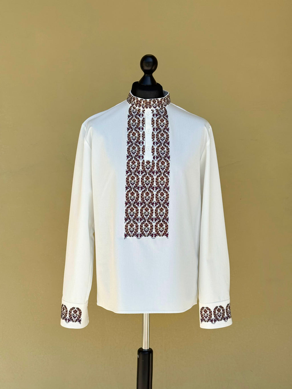Men's Ivory Ukrainian Embroidered Shirt with Burgundy Ornament