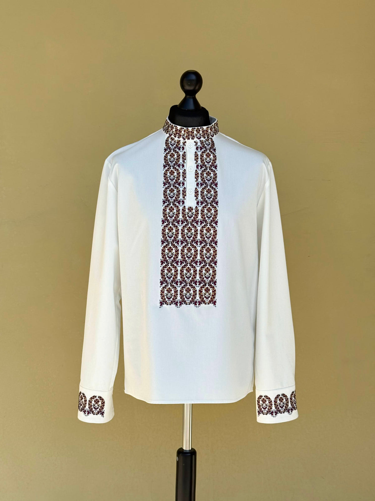 Men's Ivory Ukrainian Embroidered Shirt with Burgundy Ornament