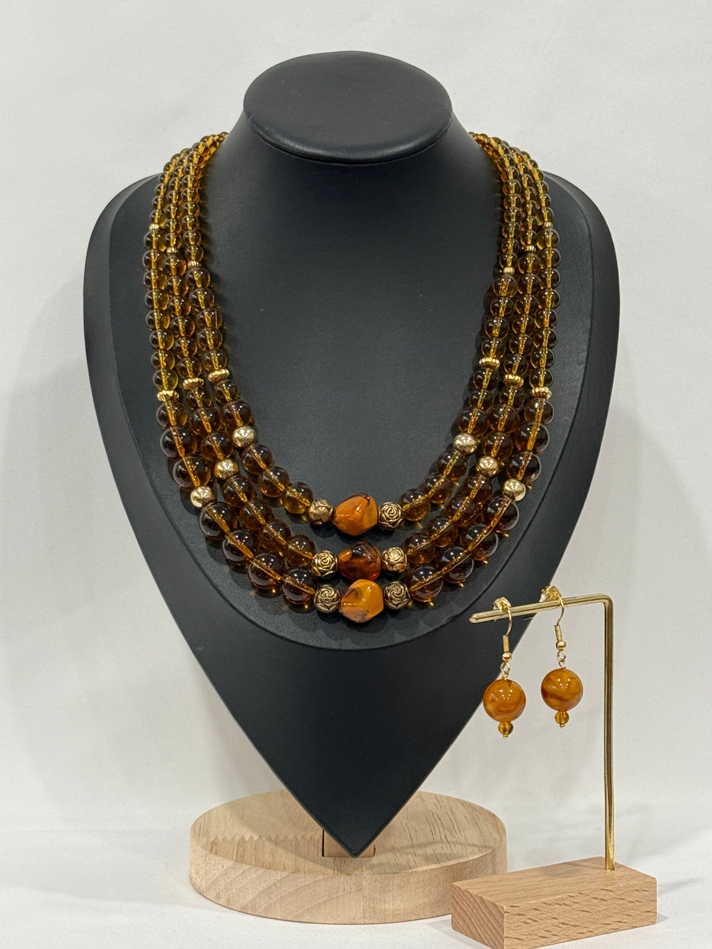Triple-Strand Amber-Colored Necklace | Necklace & Earrings Set