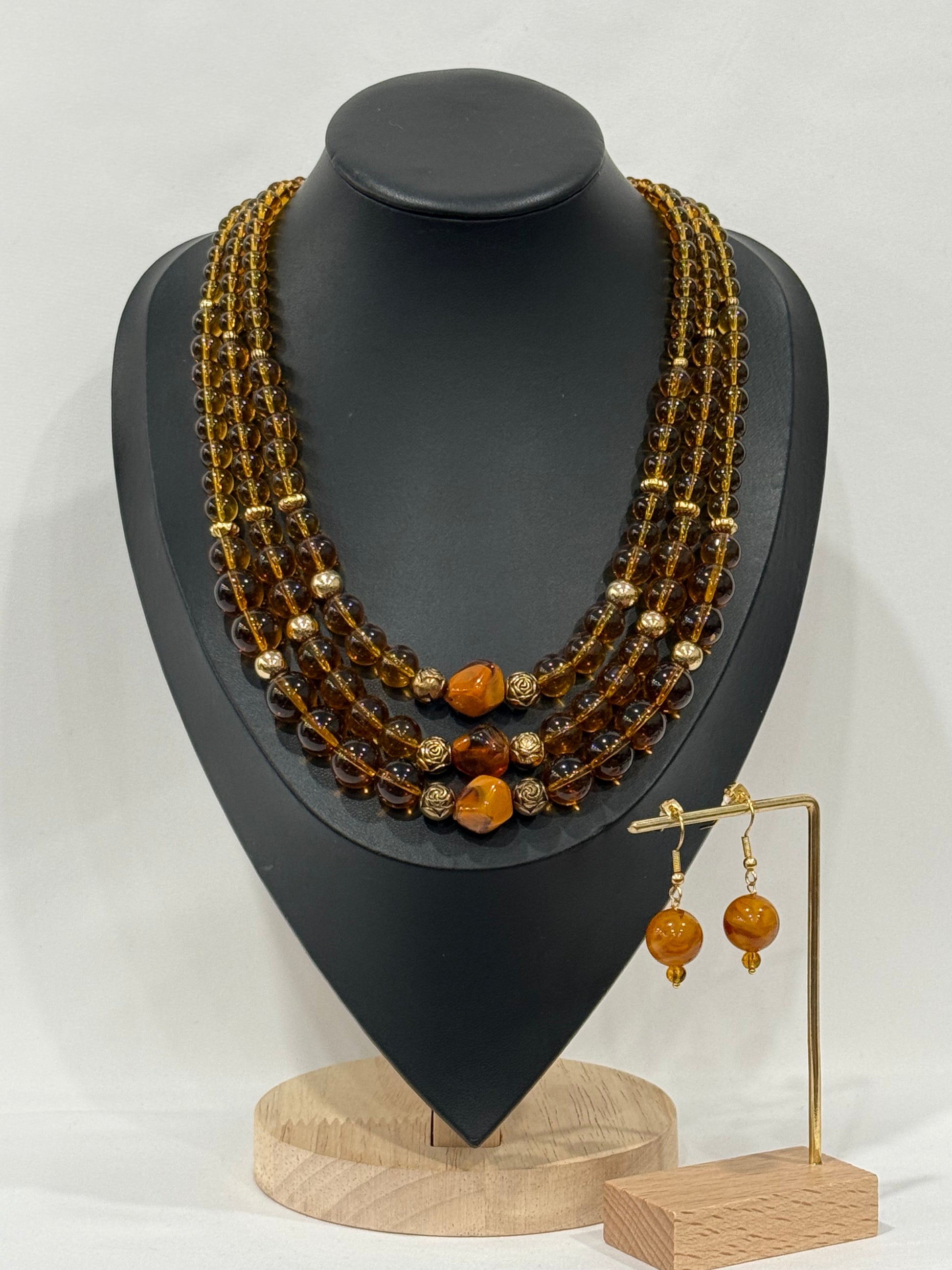 Triple-Strand Amber-Colored Necklace | Necklace & Earrings Set