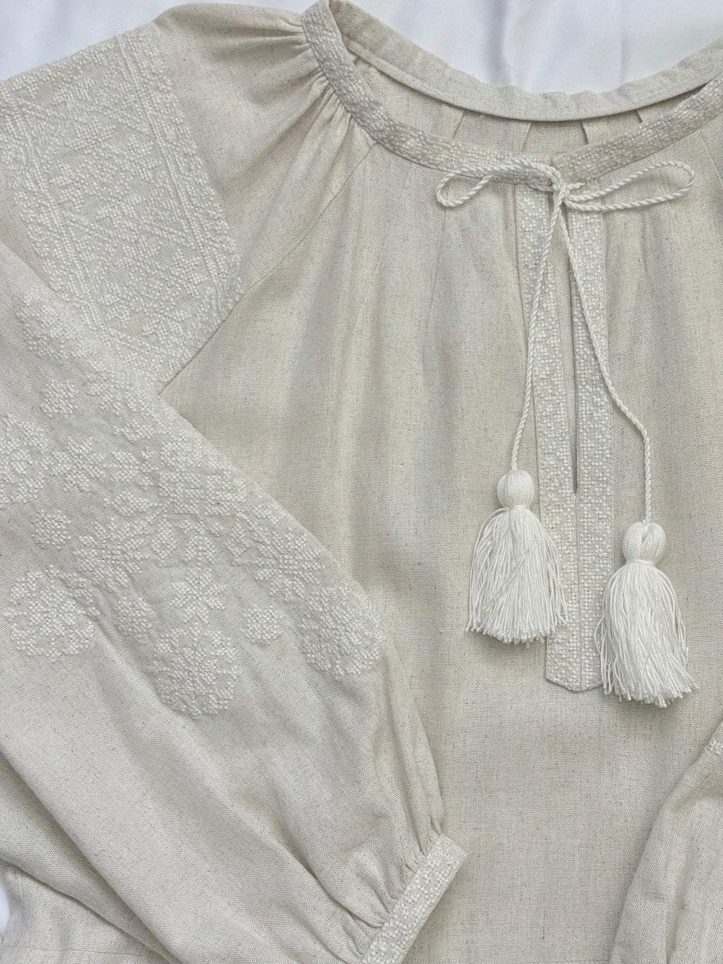Sand Linen Dress with Tonal Embroidery