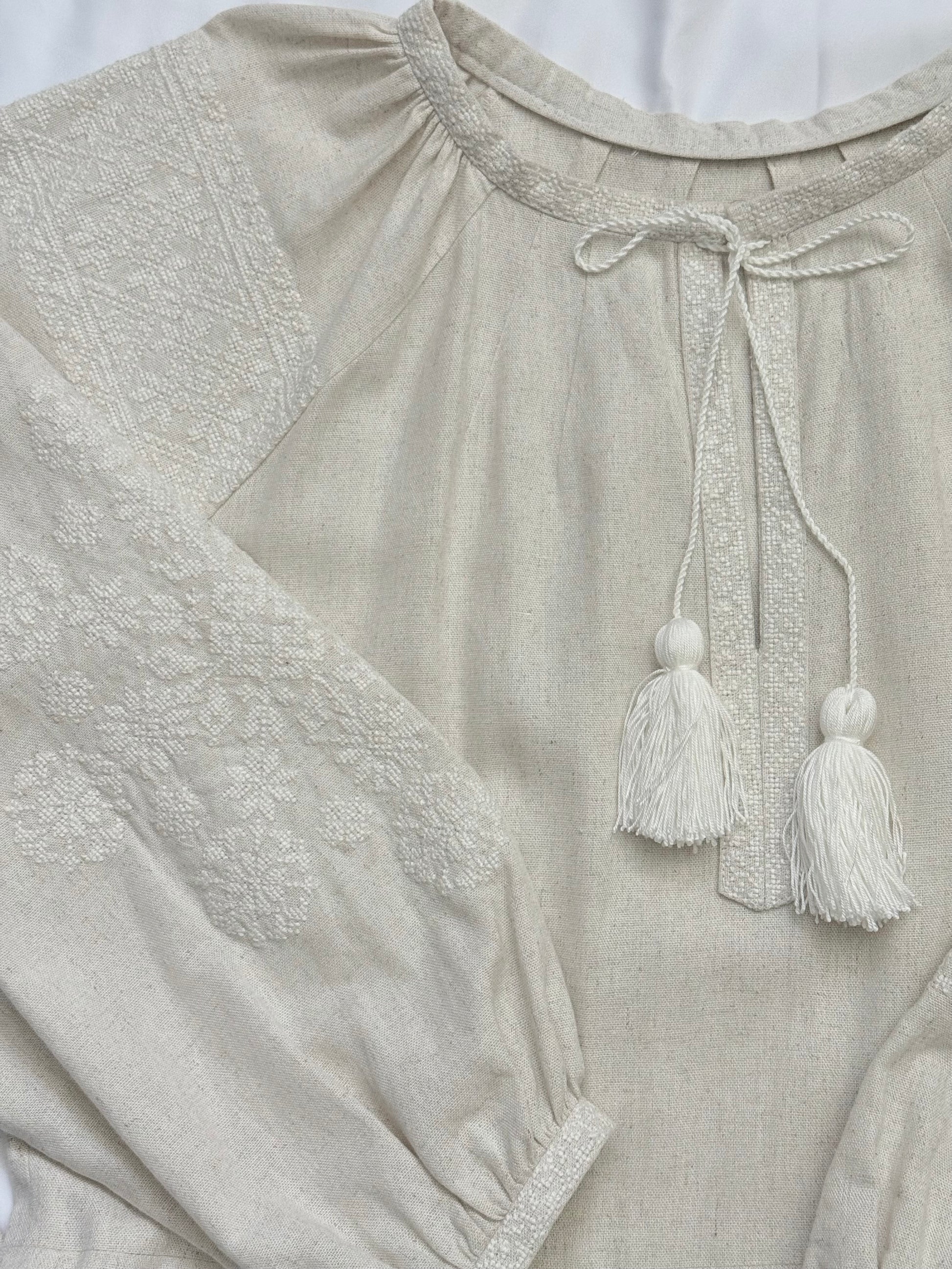 Sand Linen Dress with Tonal Embroidery