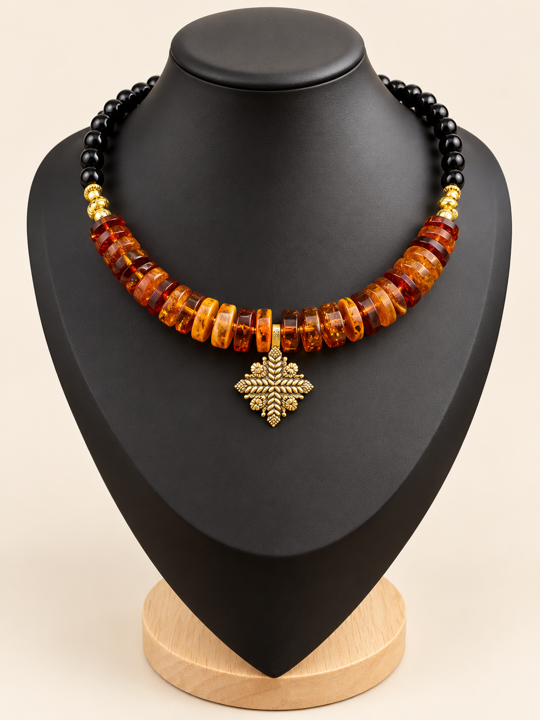 Amber & Black Onyx Choker with Brass Pendant