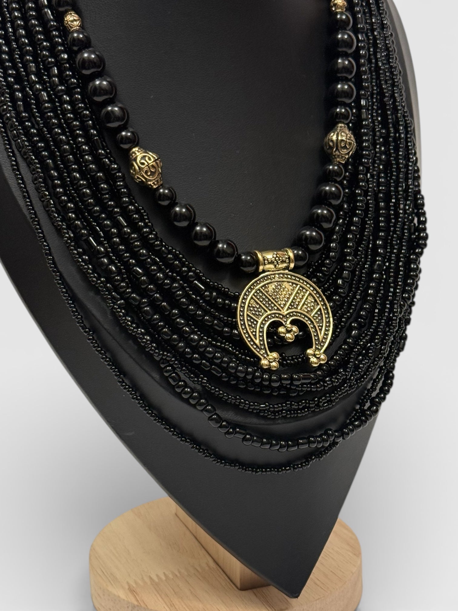 Black Necklace with Lunula 2-in-1 | Single-Strand + Multi-Strand