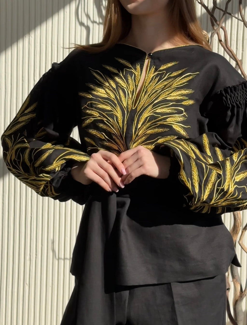 Black Linen Blouse with Wheat Embroidery