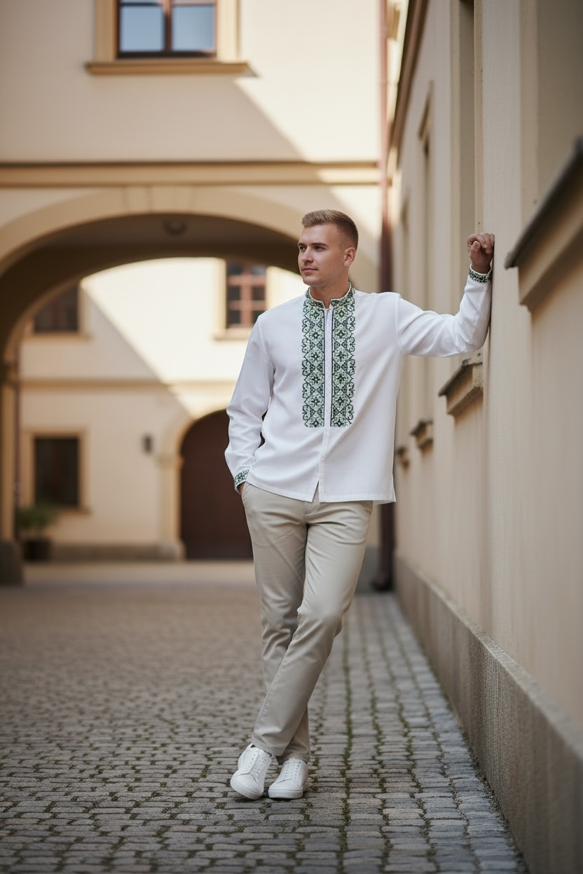 Men’s White Vyshyvanka With Traditional Embroidery Long Sleeve