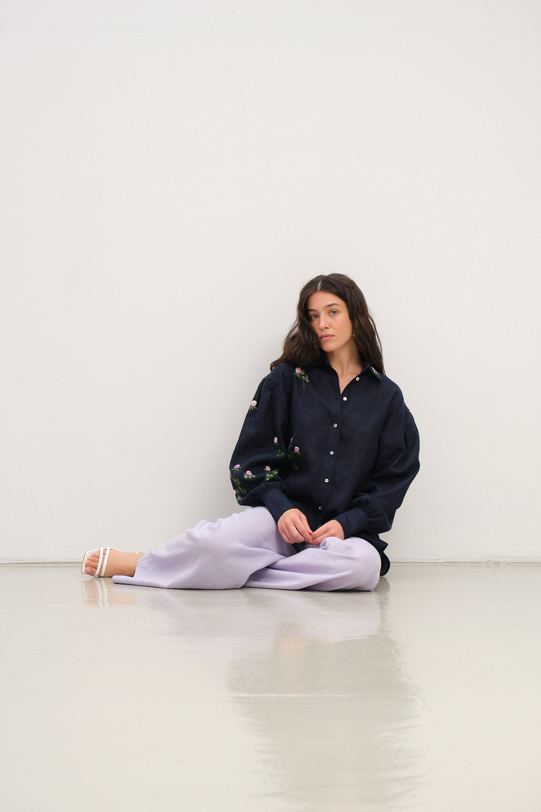 Dark Blue Linen Shirt with Puffy Sleeves and Hand-Embroidered Clover