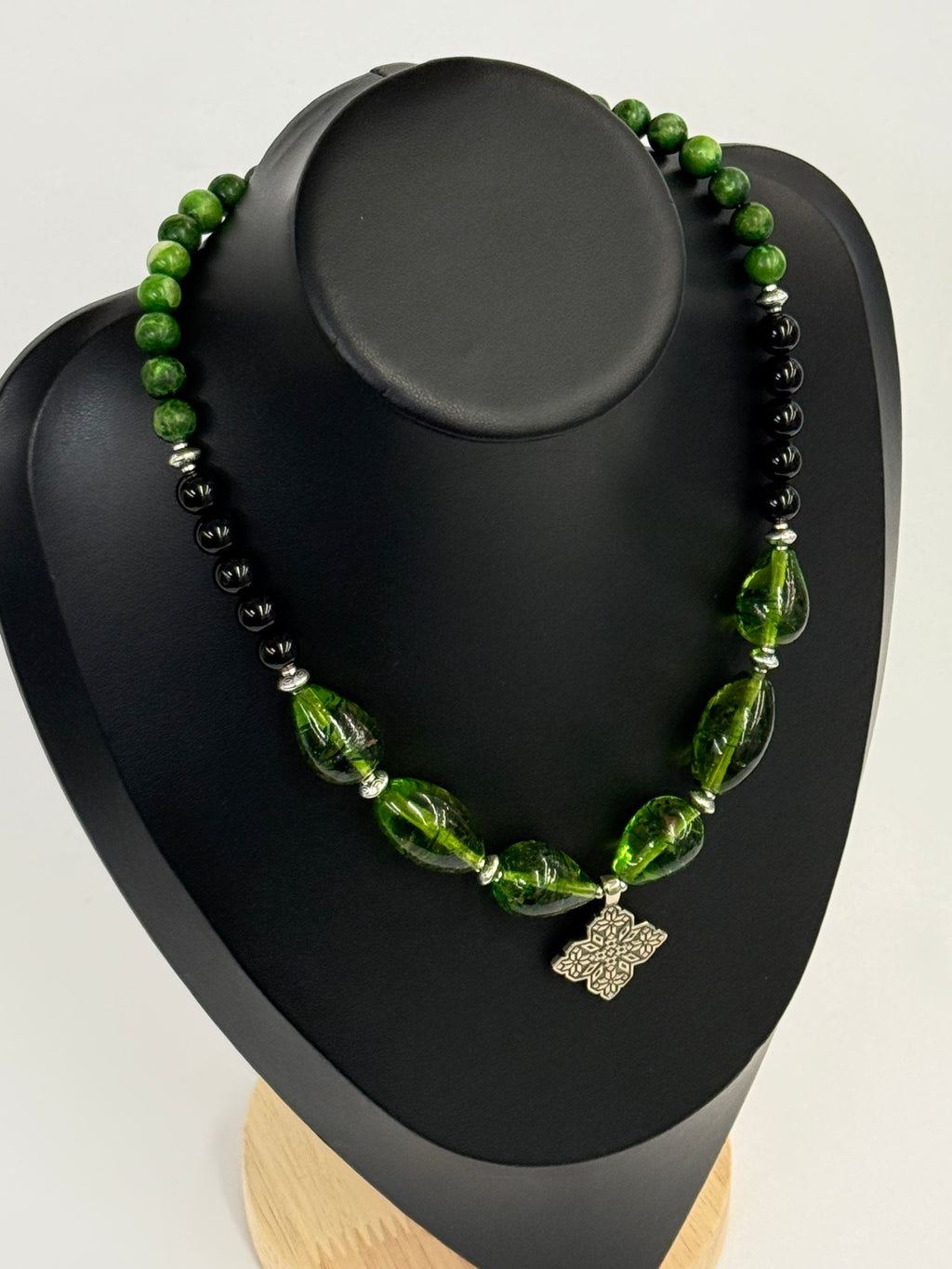 Jade, Black Agate & Murano Glass Necklace with German Silver Pendant