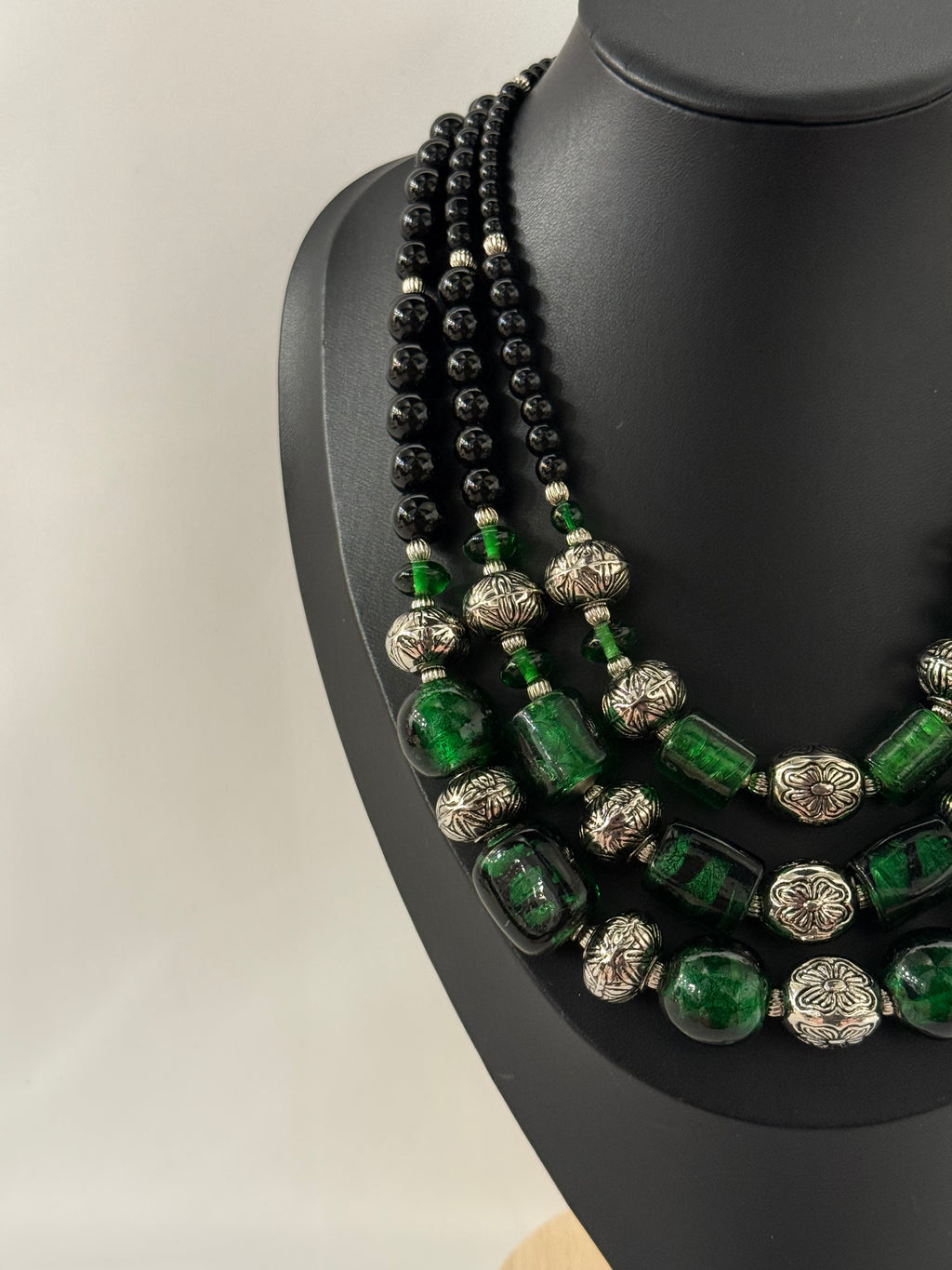 Triple-Strand Luxury Necklace in Vintage Murano Green Glass | Three Strands