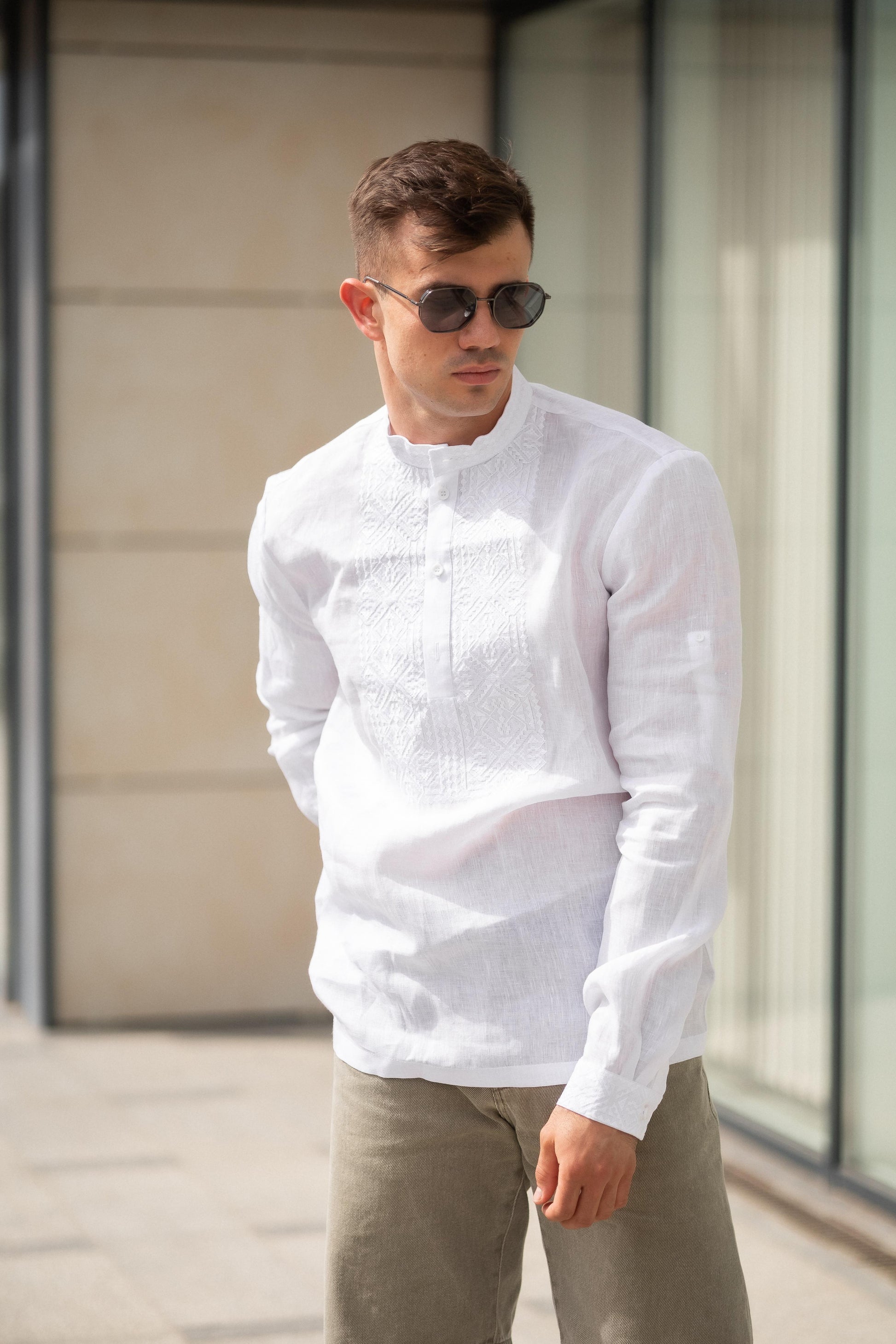 Men’s White Linen Embroidered Shirt (Roll-Up Sleeves)