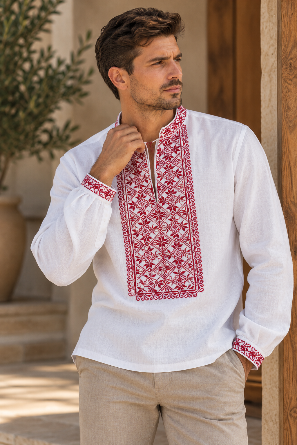 Men's White Ukrainian Vyshyvanka with Red Geometric Embroidery