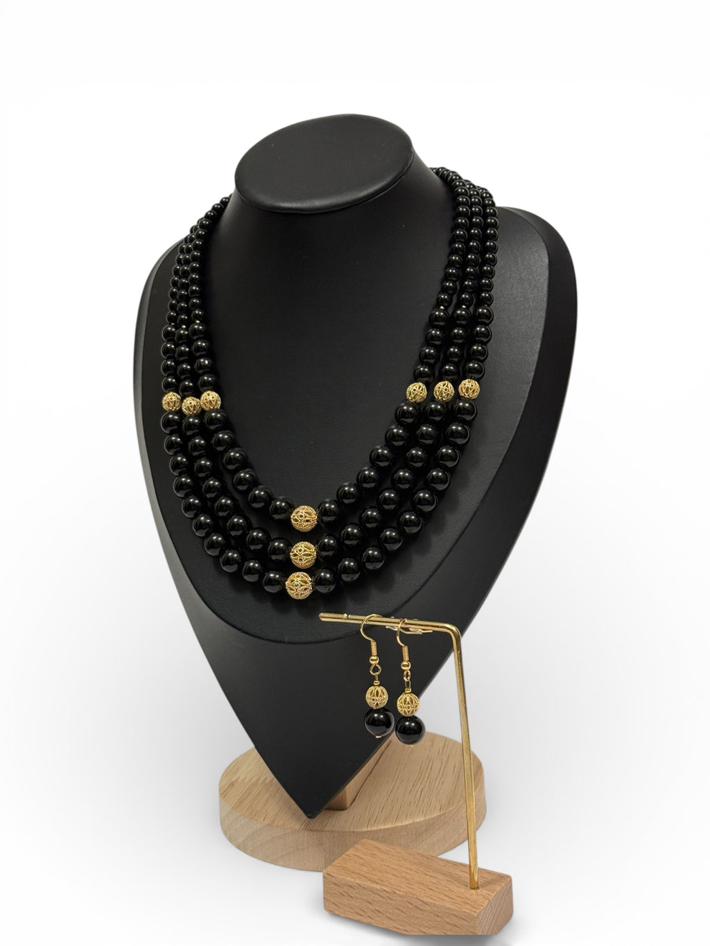 Triple-Strand Black Onyx Necklace with Earrings | Three Strands
