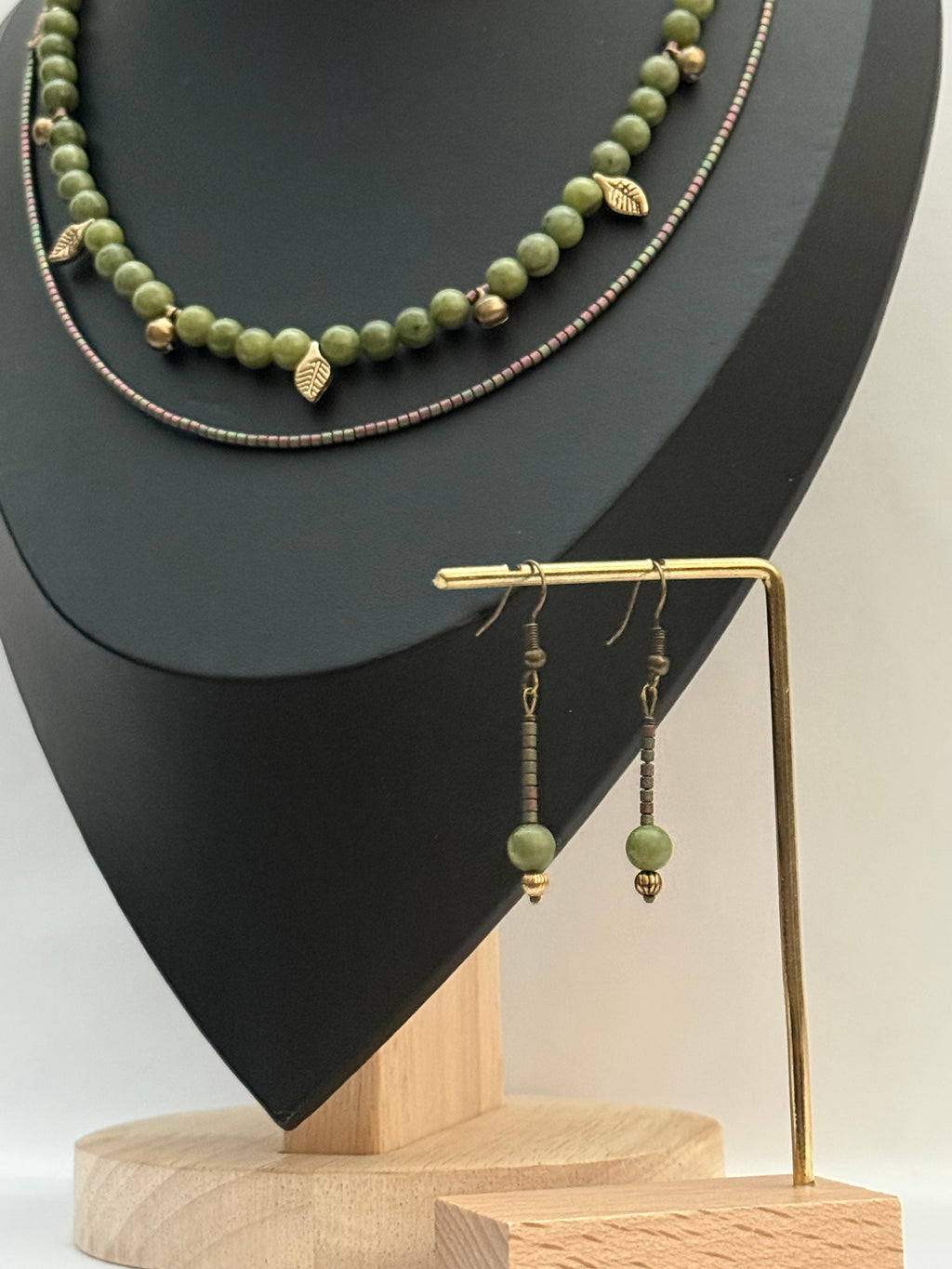 Double-Strand Green Jade and Bead Necklace with Brass Pendants | Necklace & Earrings Set