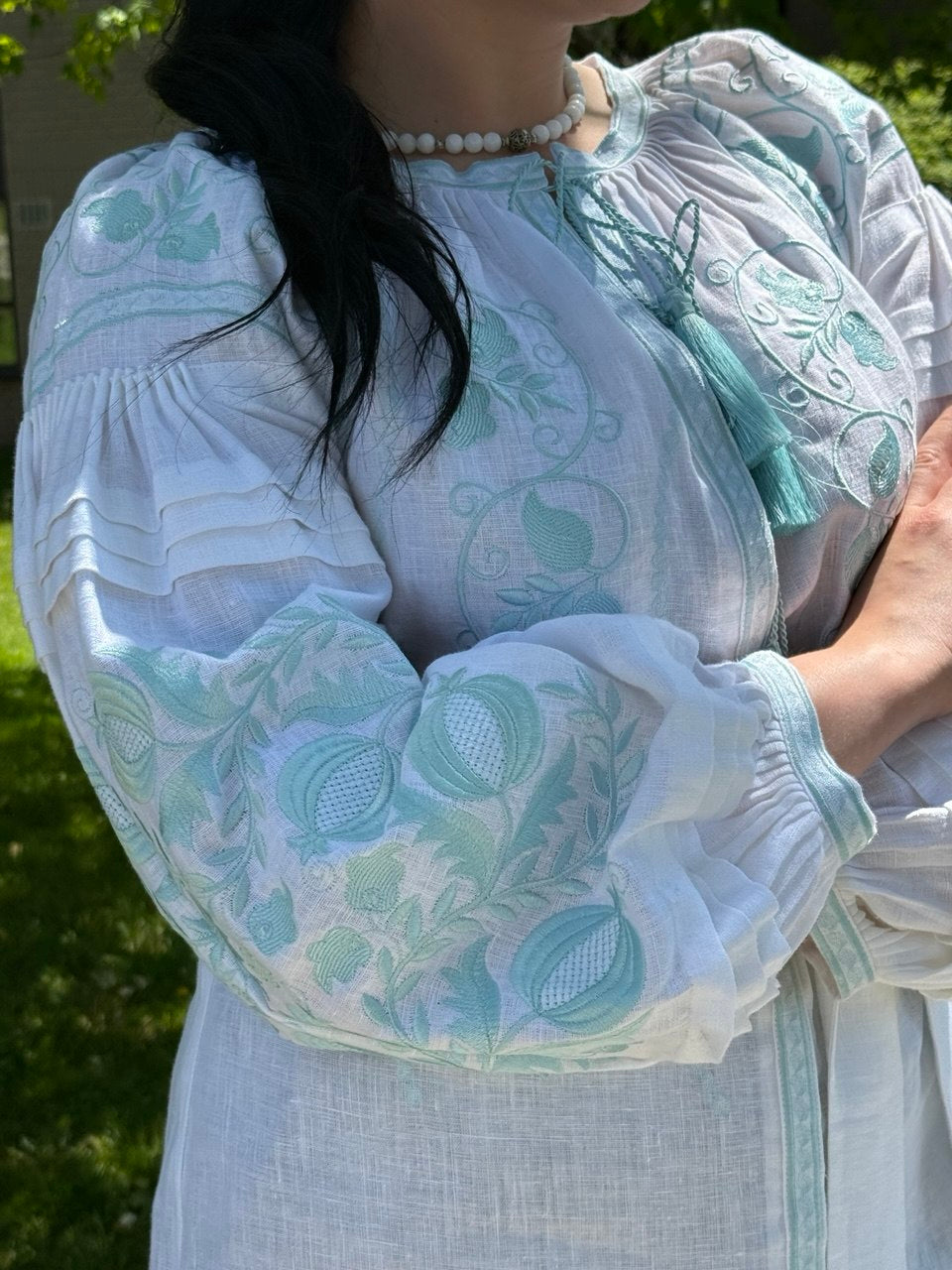 Women's White Embroidered Blouse with Mint Floral Embroidery & Belt
