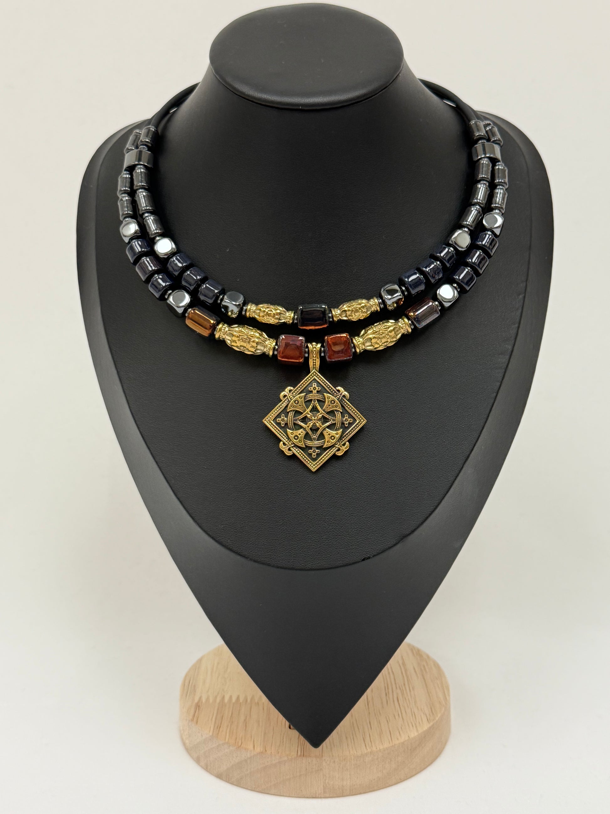 Double-Strand Choker – Kosiv Ceramics, Hematite & Brass Cross Pendant