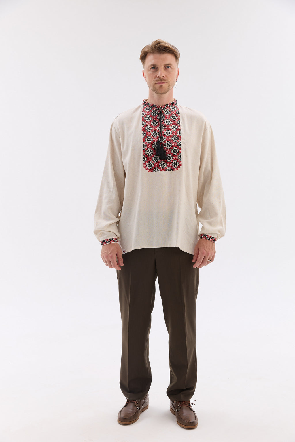Men’s Embroidered Shirt with Traditional Red & Black Ornament