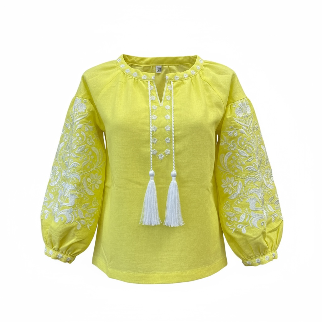 Girls Yellow Lemon Linen Vyshyvanka Long Sleeve In Ukrainian Traditions