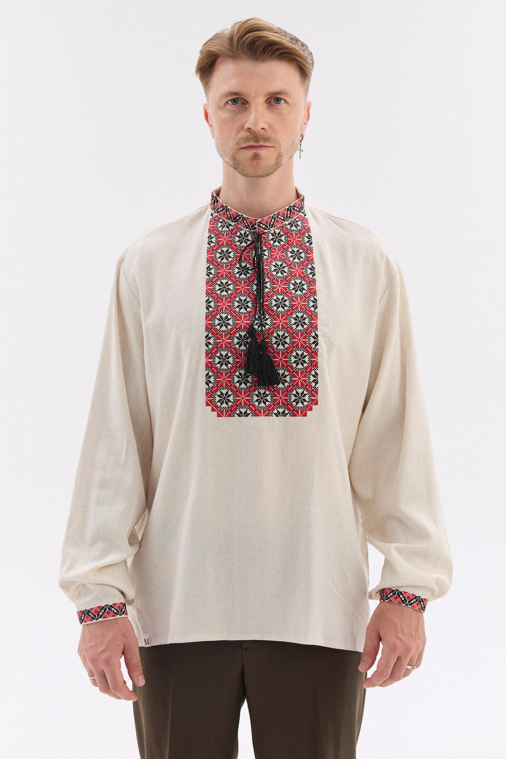 Men’s Embroidered Shirt with Traditional Red & Black Ornament