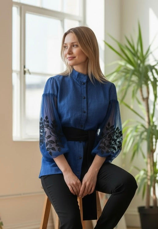 Blue Linen Blouse with Buttons and Embroidered Mesh Sleeves