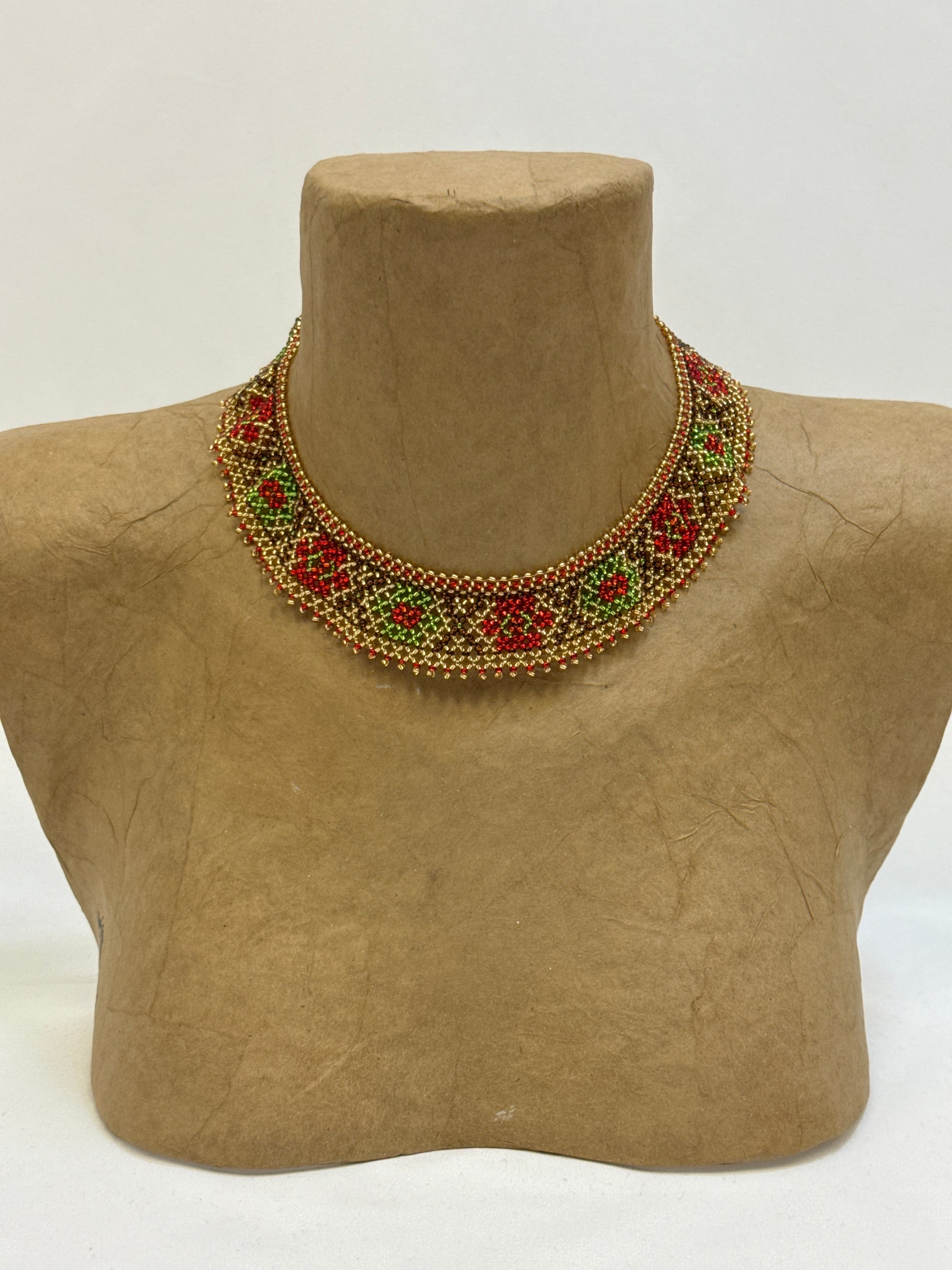 Beaded Necklace "Gold with Flowers"