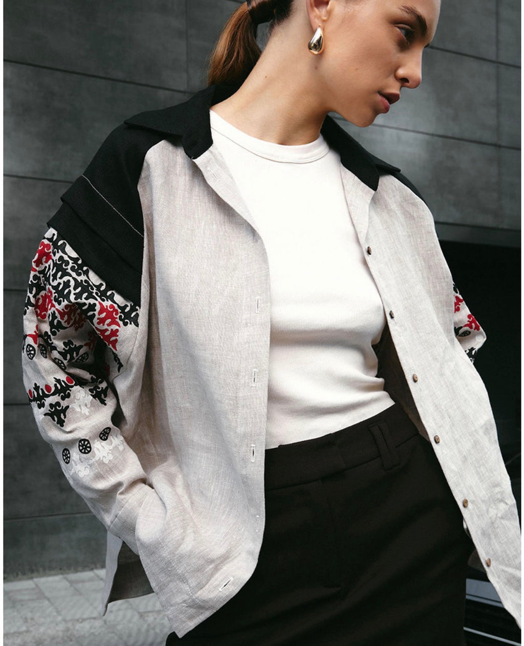 Women’s Linen Shirt with Hand Block Print Black