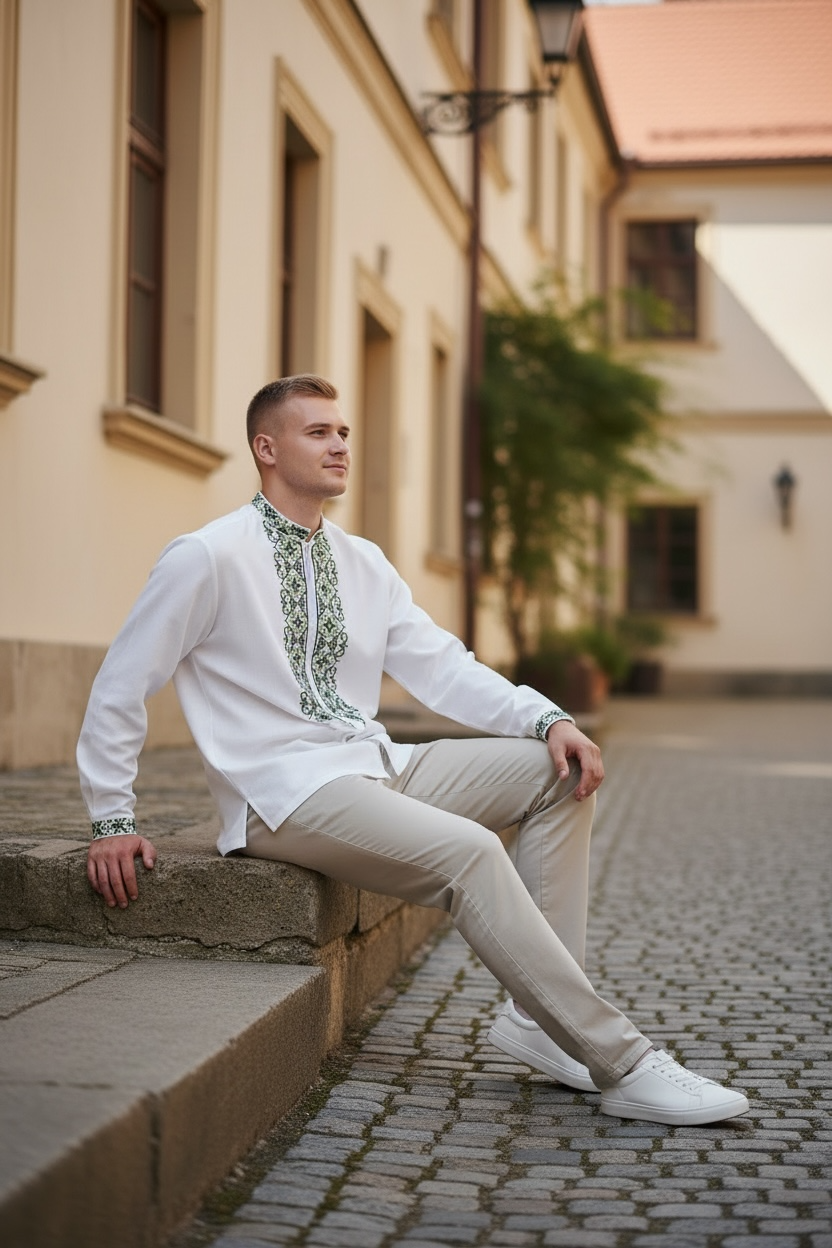 Men’s White Vyshyvanka With Traditional Embroidery Long Sleeve
