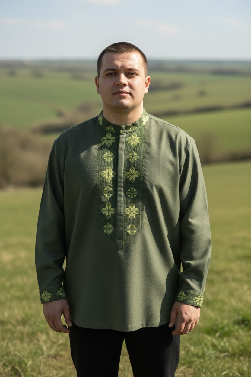 Men’s Linen Dark Green Vyshyvanka With Traditional Embroidery Long Sleeve