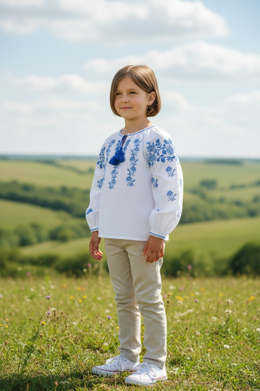 Girls White Cotton Vyshyvanka Long Sleeve In Ukrainian Traditions