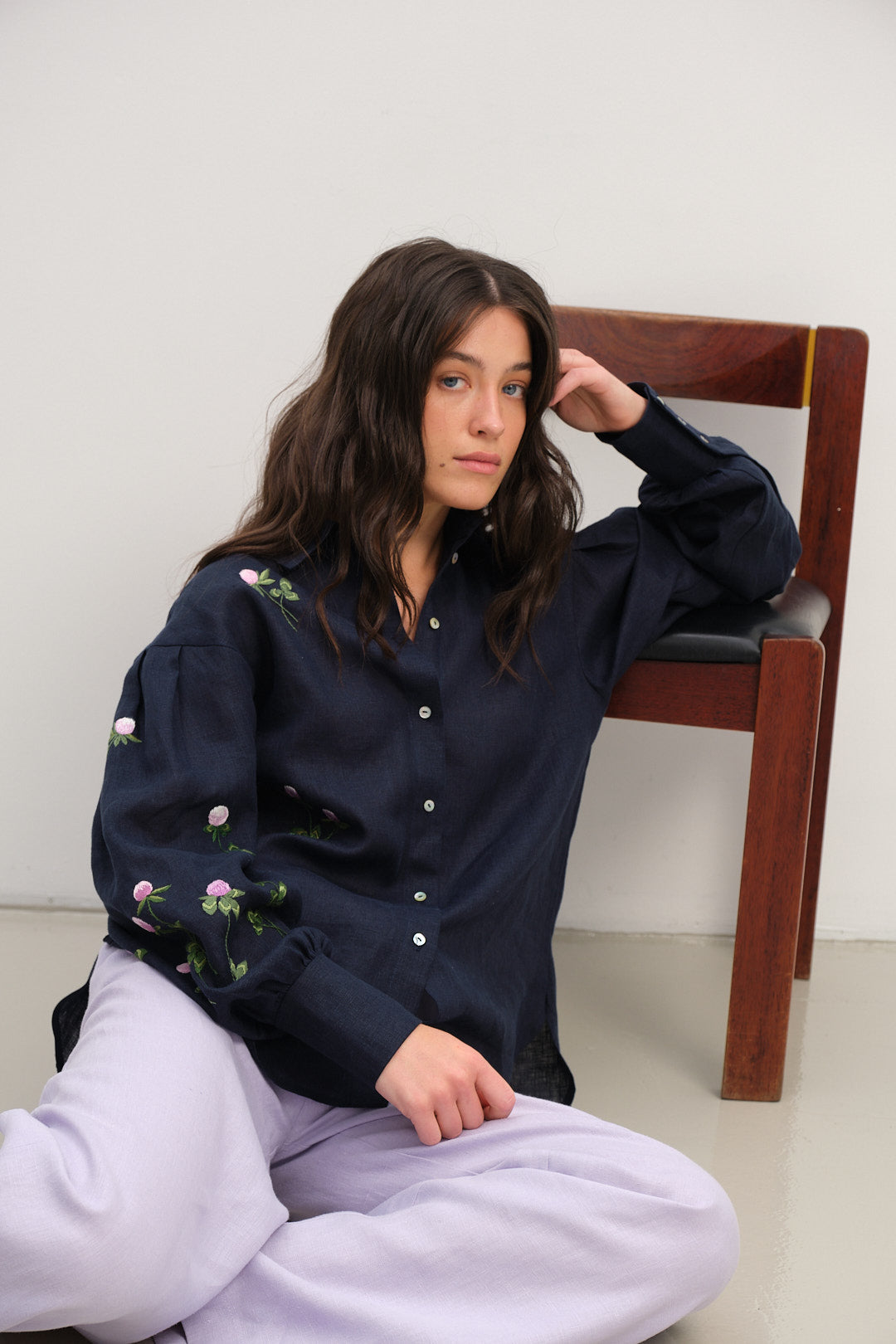 Dark Blue Linen Shirt with Puffy Sleeves and Hand-Embroidered Clover