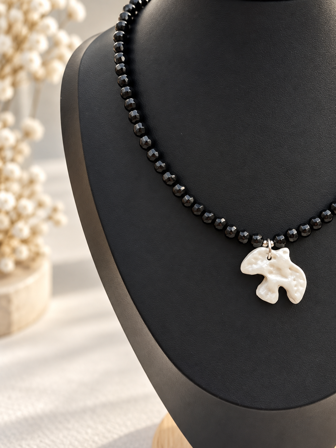 Black Glass Bead Necklace with Handmade Ceramic Bird Pendant