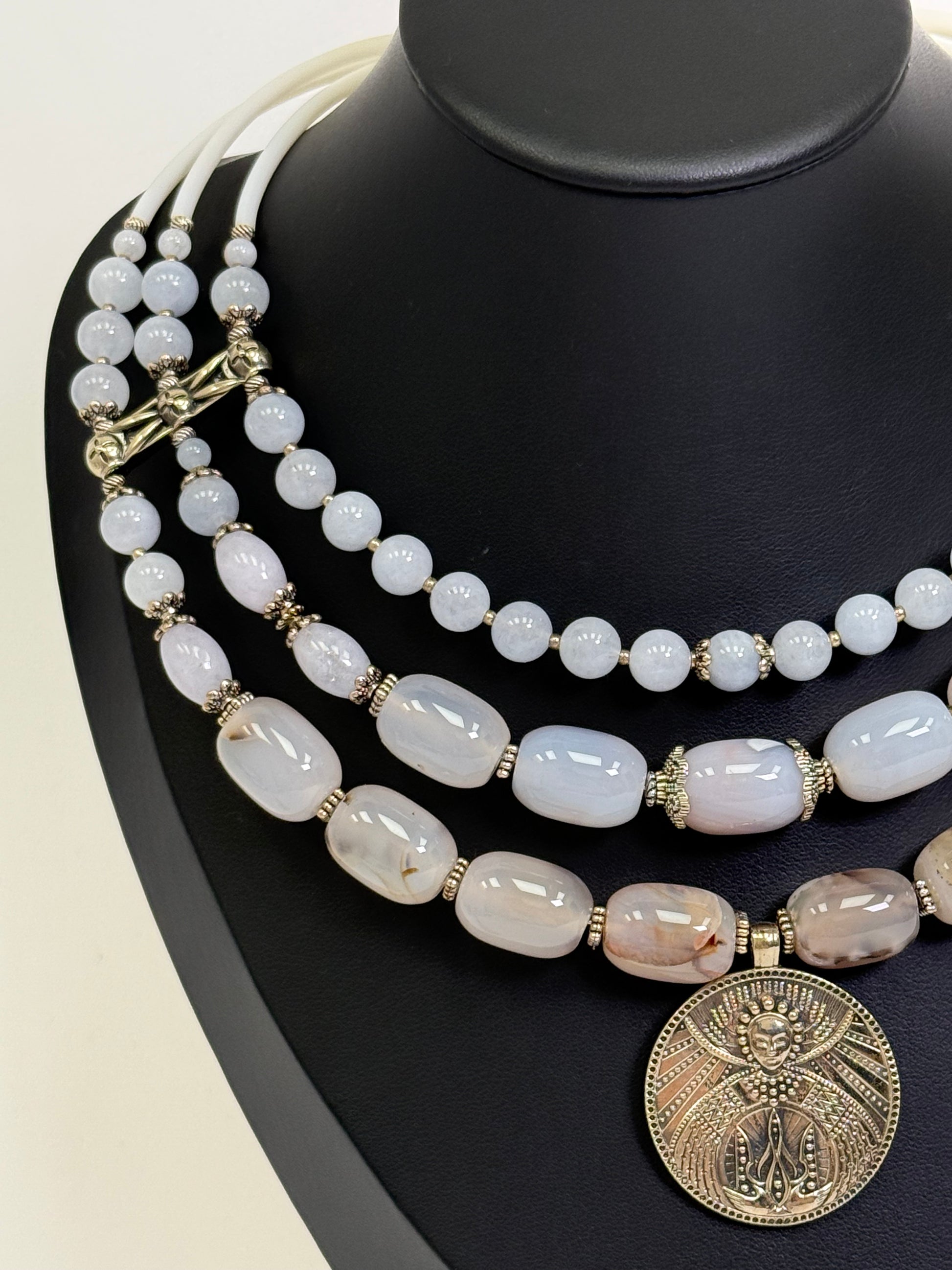Natural Gray-Blue Stone Choker with Brass Pendant of the "Pokrovy Bohorodytsy"