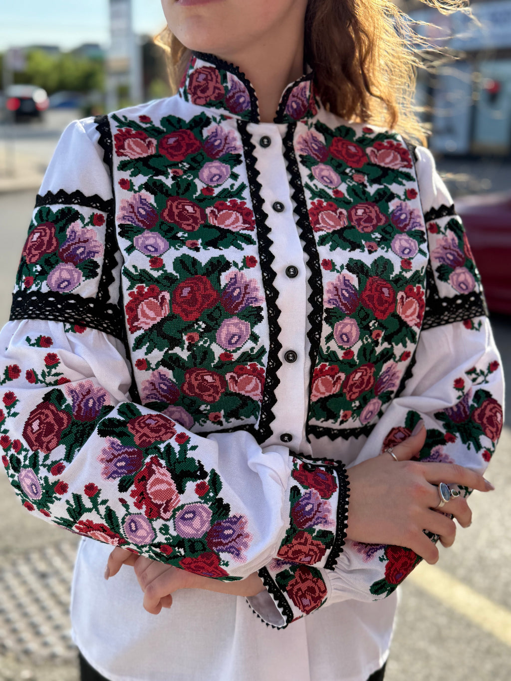 Women’s Embroidered Shirt – Colorful Ukrainian Vyshyvanka with Red Stand Collar