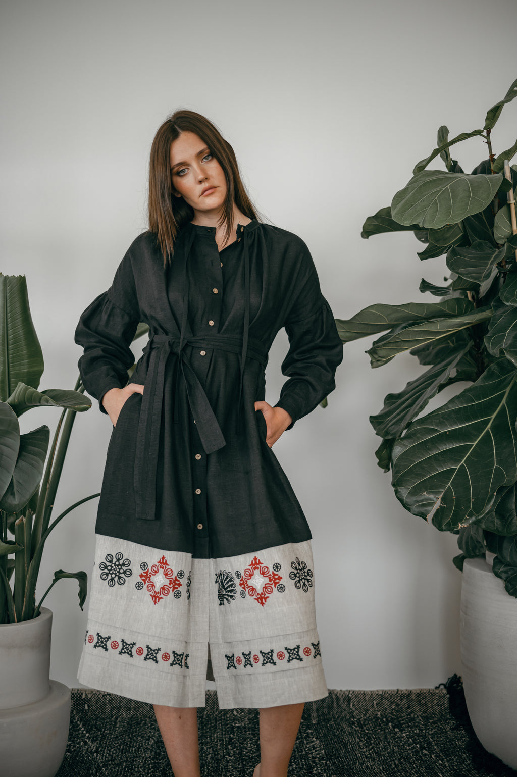 Black Ukrainian Midi Dress with Traditional Block Print