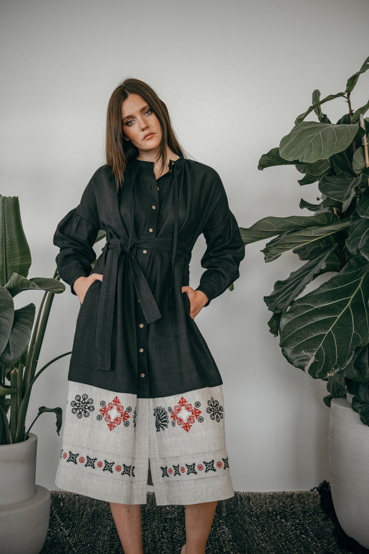 Black Ukrainian Midi Dress with Traditional Block Print