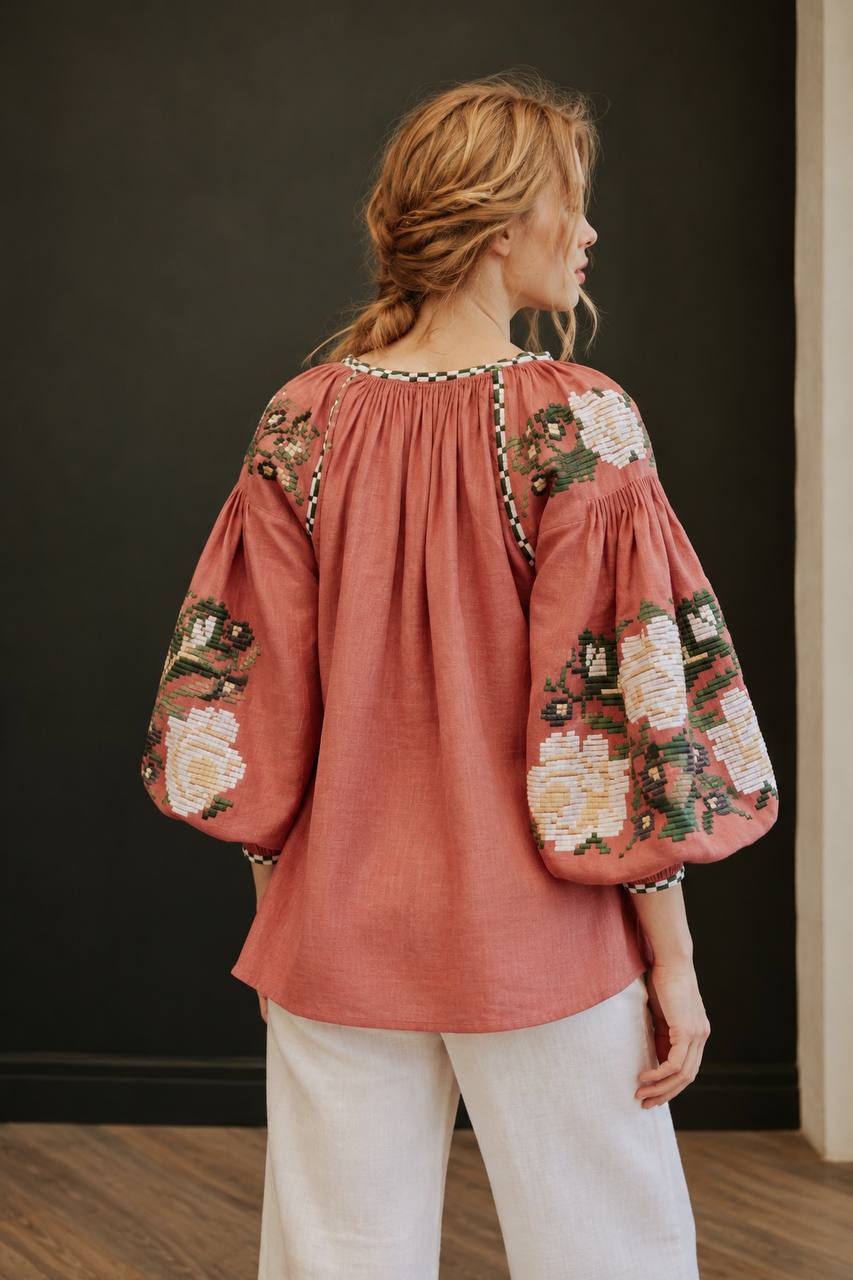 “Roksolana” Coral Floral Embroidered Blouse