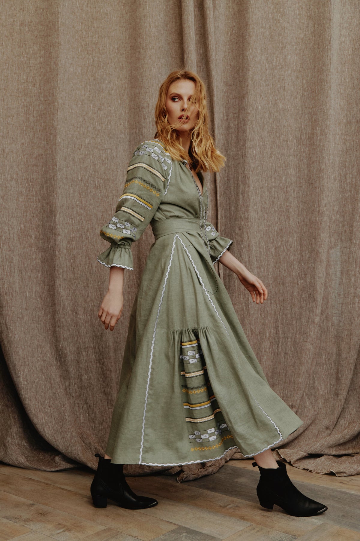 “Aurora” Embroidered Linen Maxi Dress