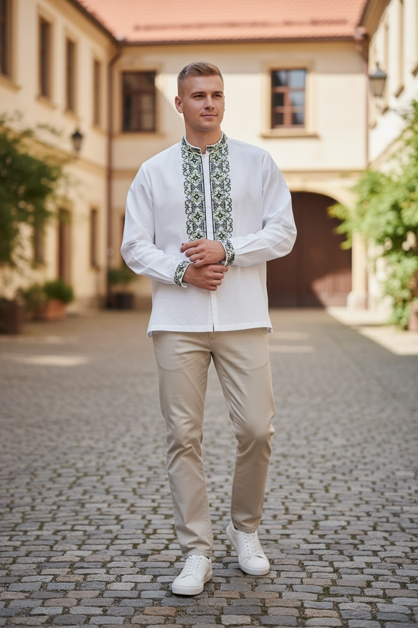 Men’s White Vyshyvanka With Traditional Embroidery Long Sleeve