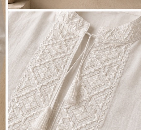 Men’s White-on-White Cotton Embroidered Shirt
