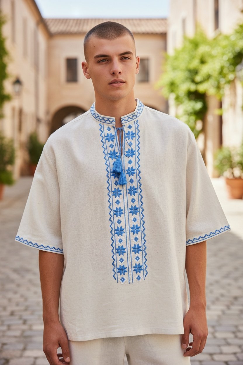 Men’s Linen Vyshyvanka With Traditional Embroidery Short Sleeve
