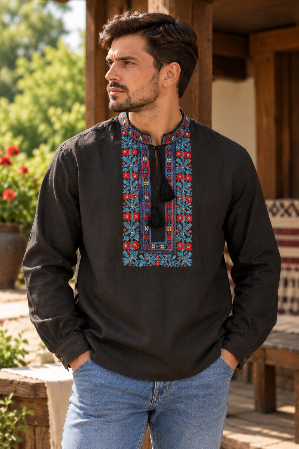 Men's Black Linen Vyshyvanka with Colourful Floral Embroidery