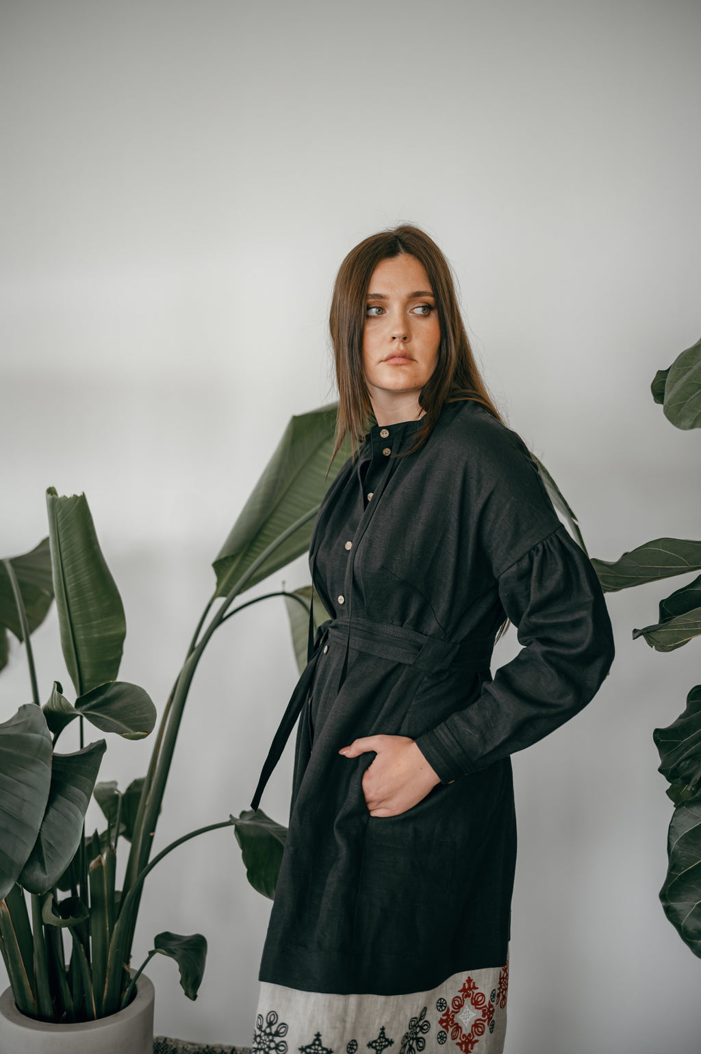 Black Ukrainian Midi Dress with Traditional Block Print